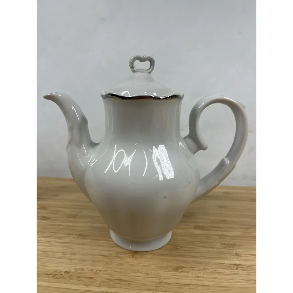 Vintage Polish Porcelain Teapot White Gold Trim – Repaired Lid – Made in‎ Poland